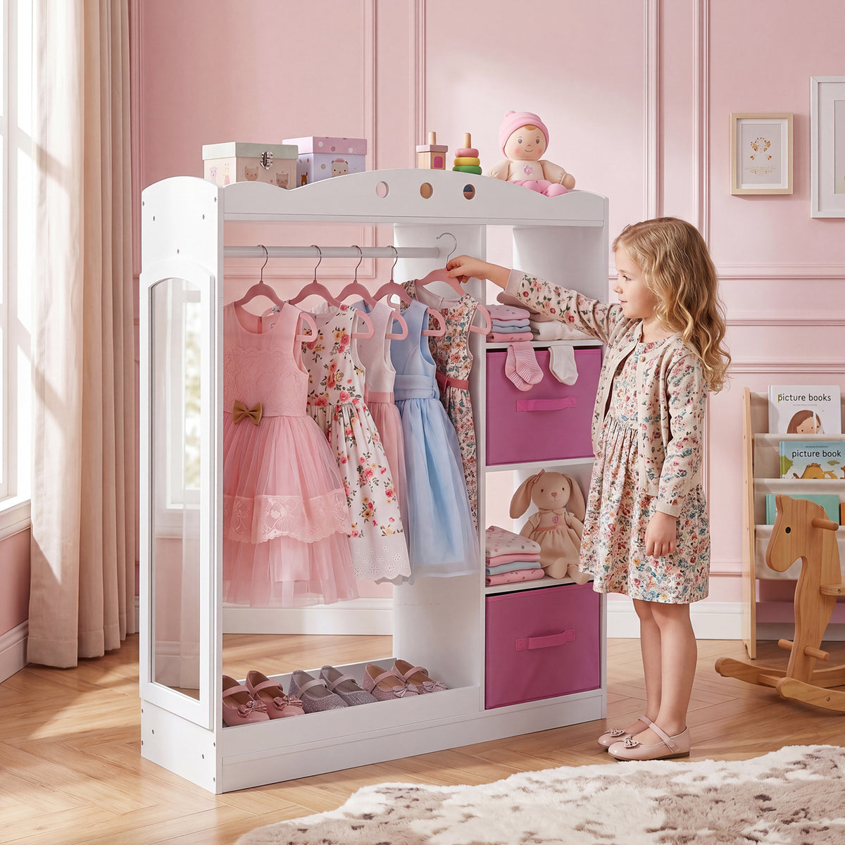 Kids Dress Up Storage with Full Length Mirror and Open Shelves-White