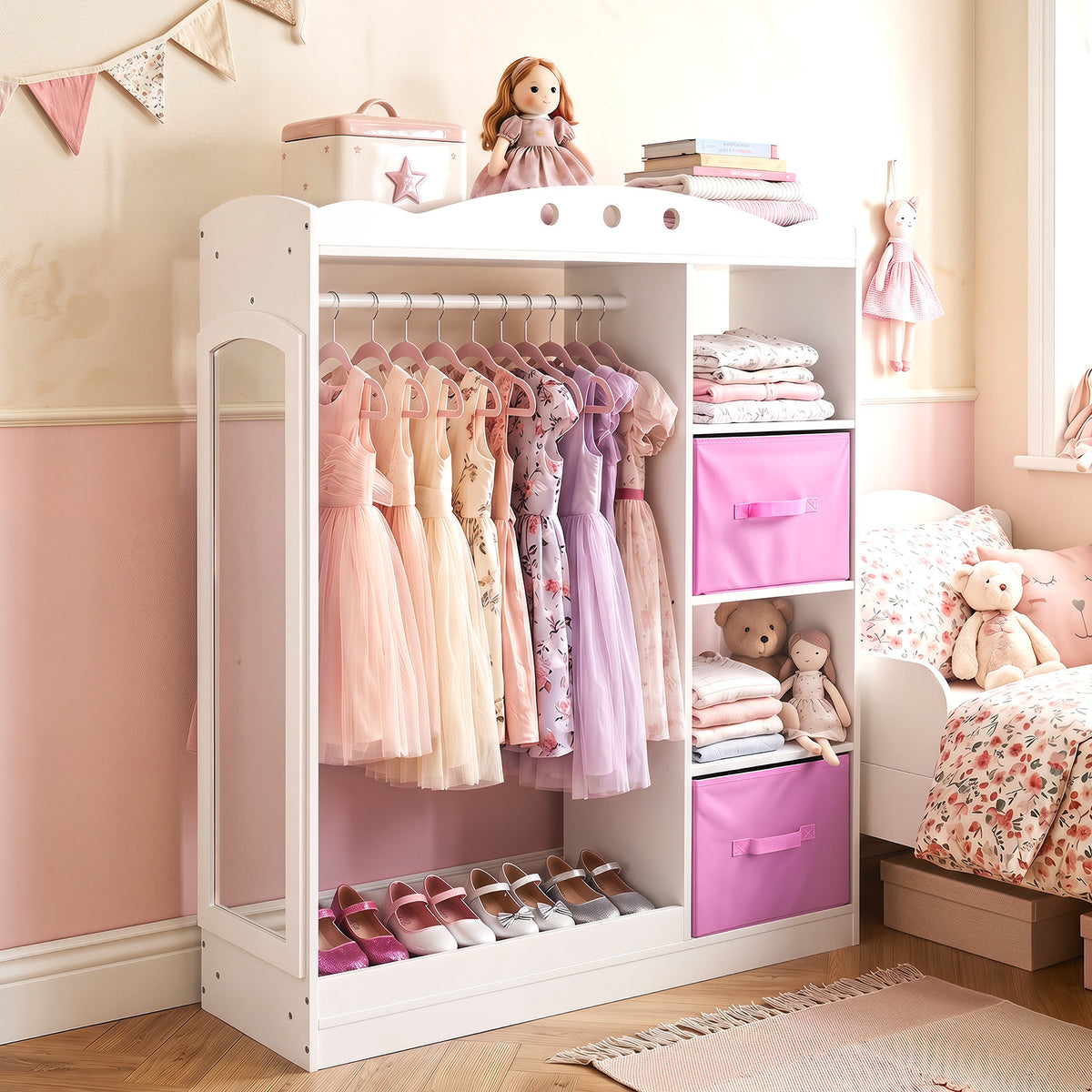Kids Dress Up Storage with Full Length Mirror and Open Shelves-White