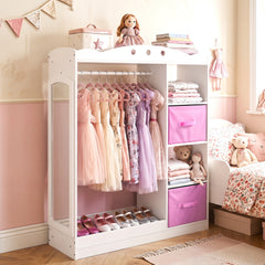 Kids Dress Up Storage with Full Length Mirror and Open Shelves-White
