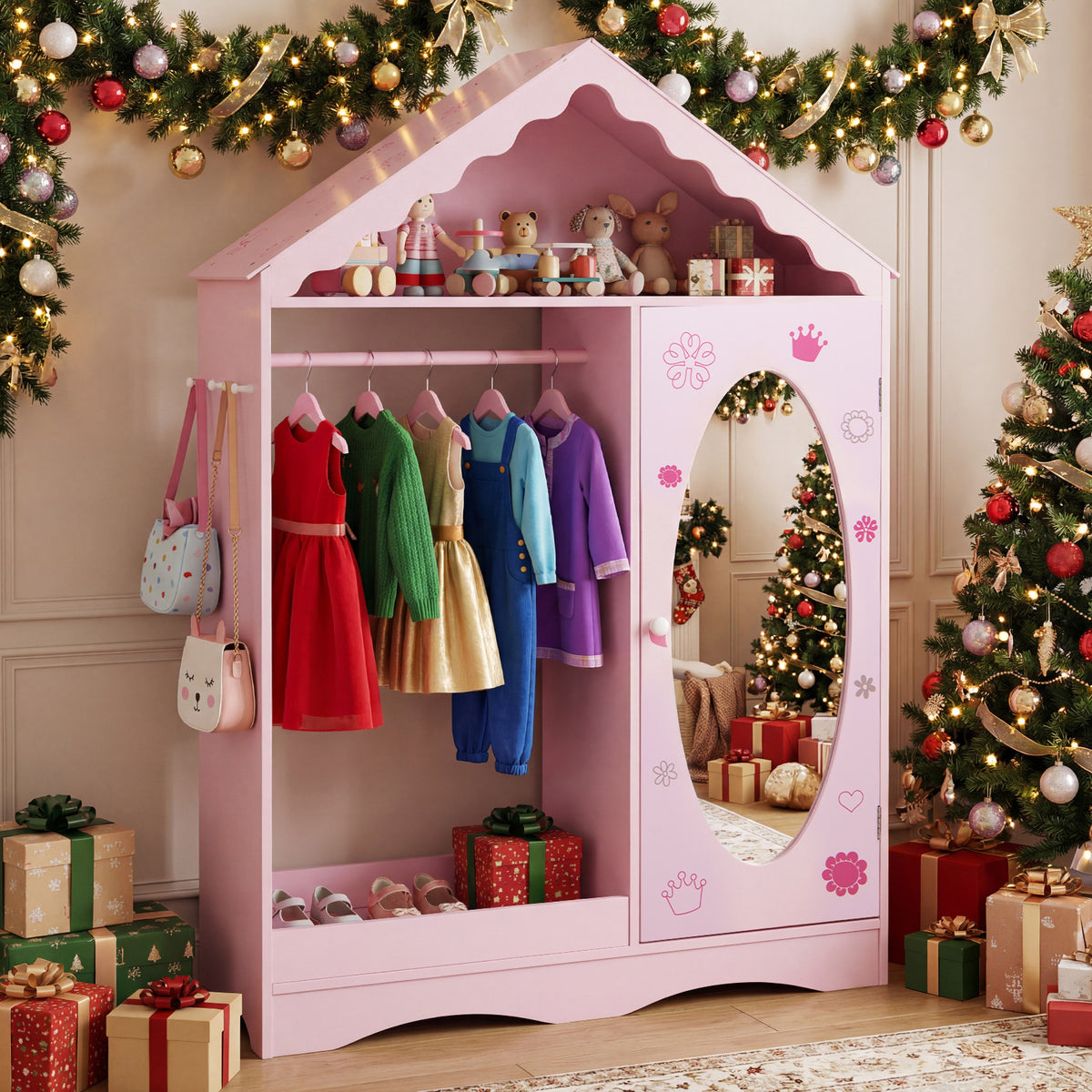 Kids Dress Up Storage with Mirror Roofed Wardrobe Closet with Open Hanging Rack-Pink