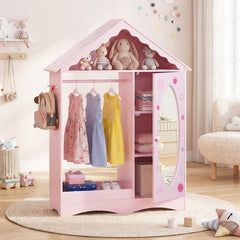 Kids Dress Up Storage with Mirror Roofed Wardrobe Closet with Open Hanging Rack-Pink