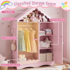 Kids Dress Up Storage with Mirror Roofed Wardrobe Closet with Open Hanging Rack-Pink