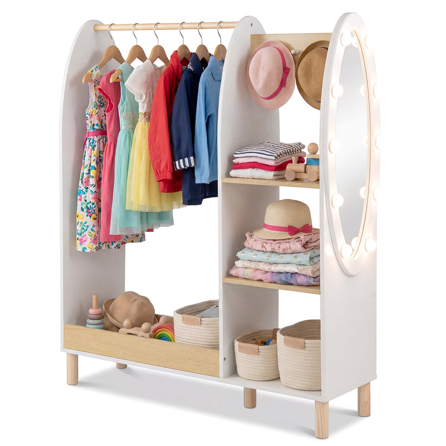 Kids Dress Up Storage with Mirror and Lights and Open Hanging Wardrobe Closet Armoire with Shelves and Hooks for Children-Natural