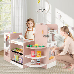 Kids Grocery Store Playset Wooden Pretend Play Supermarket-Pink