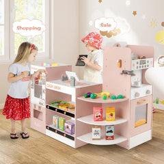 Kids Grocery Store Playset Wooden Pretend Play Supermarket-Pink