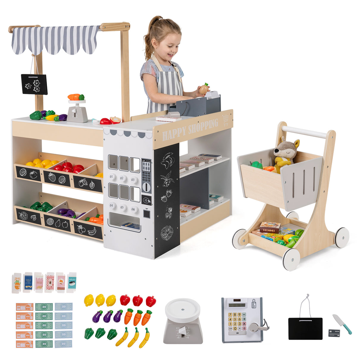 Kids Grocery Store Playset with Shopping Cart for Toddler Boys Girls 3+-Natural