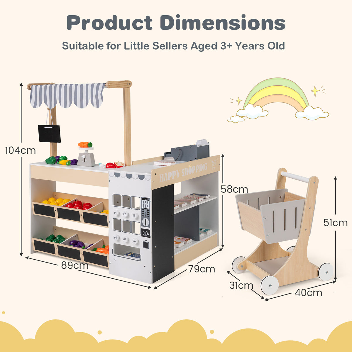 Kids Grocery Store Playset with Shopping Cart for Toddler Boys Girls 3+-Natural