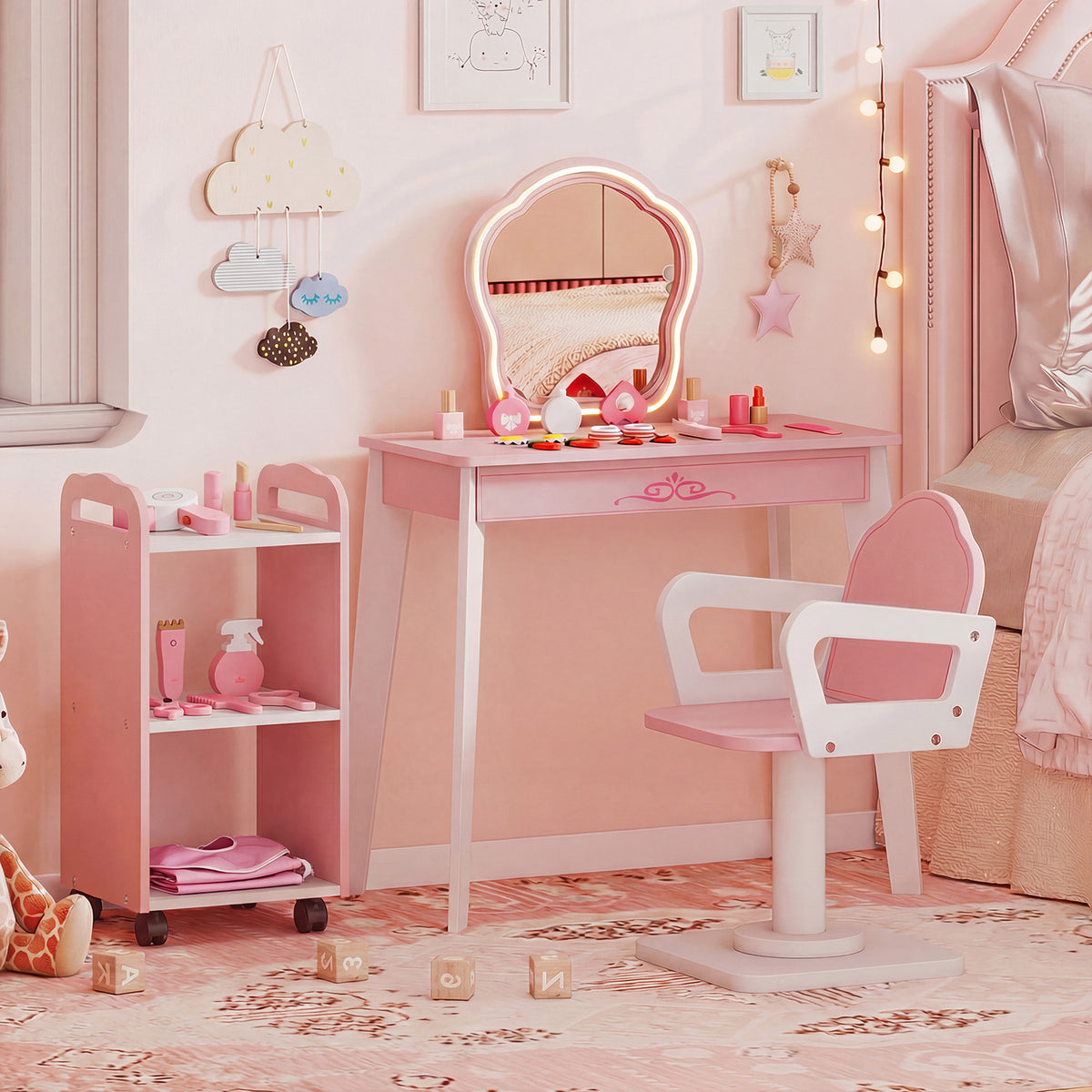Kids Hair Salon Play Set with LED Lighted Mirror Wooden Pretend Hair Salon Station-Pink
