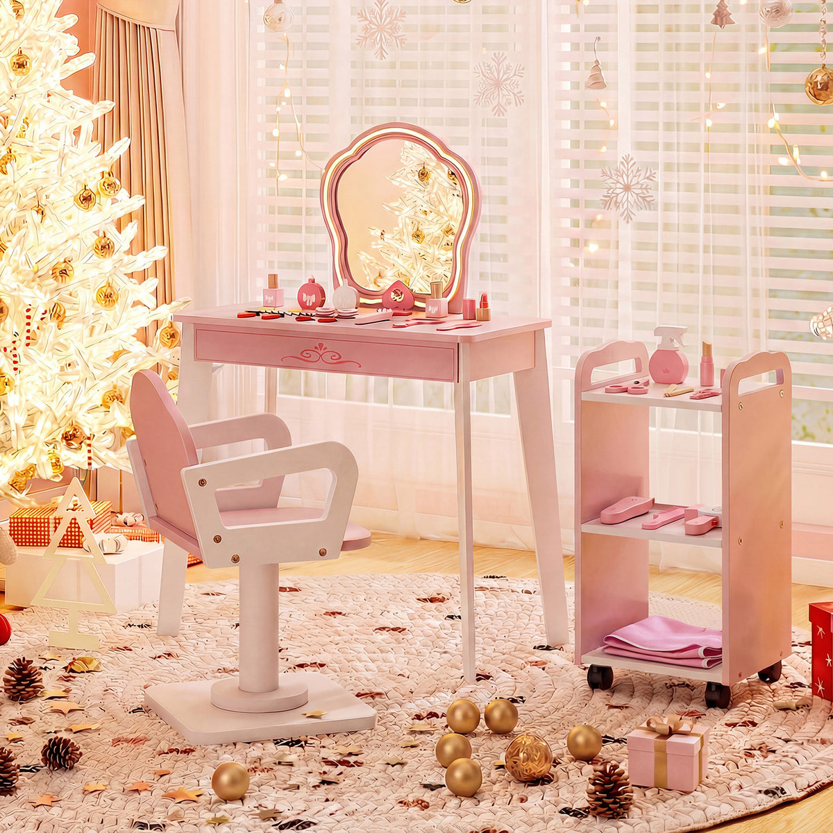 Kids Hair Salon Play Set with LED Lighted Mirror Wooden Pretend Hair Salon Station-Pink