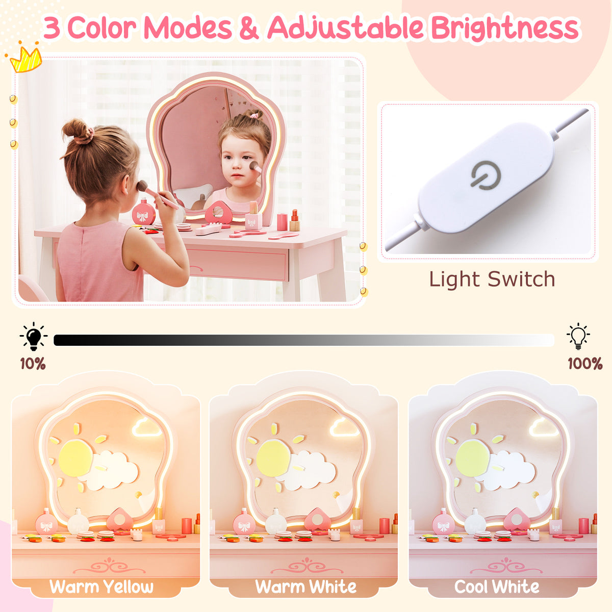 Kids Hair Salon Play Set with LED Lighted Mirror Wooden Pretend Hair Salon Station-Pink