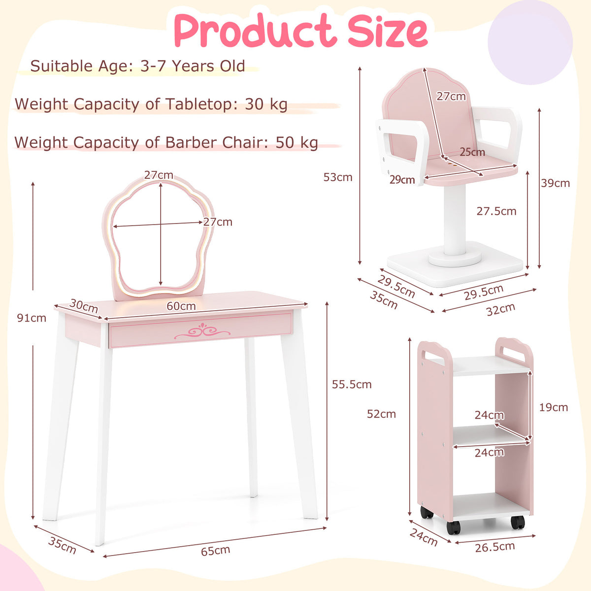 Kids Hair Salon Play Set with LED Lighted Mirror Wooden Pretend Hair Salon Station-Pink