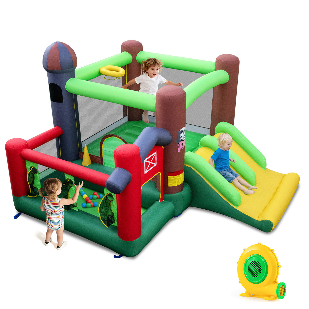 Kids Inflatable Bounce House with Dual Slides and Ball Pit Farm-Themed with 680W Blower