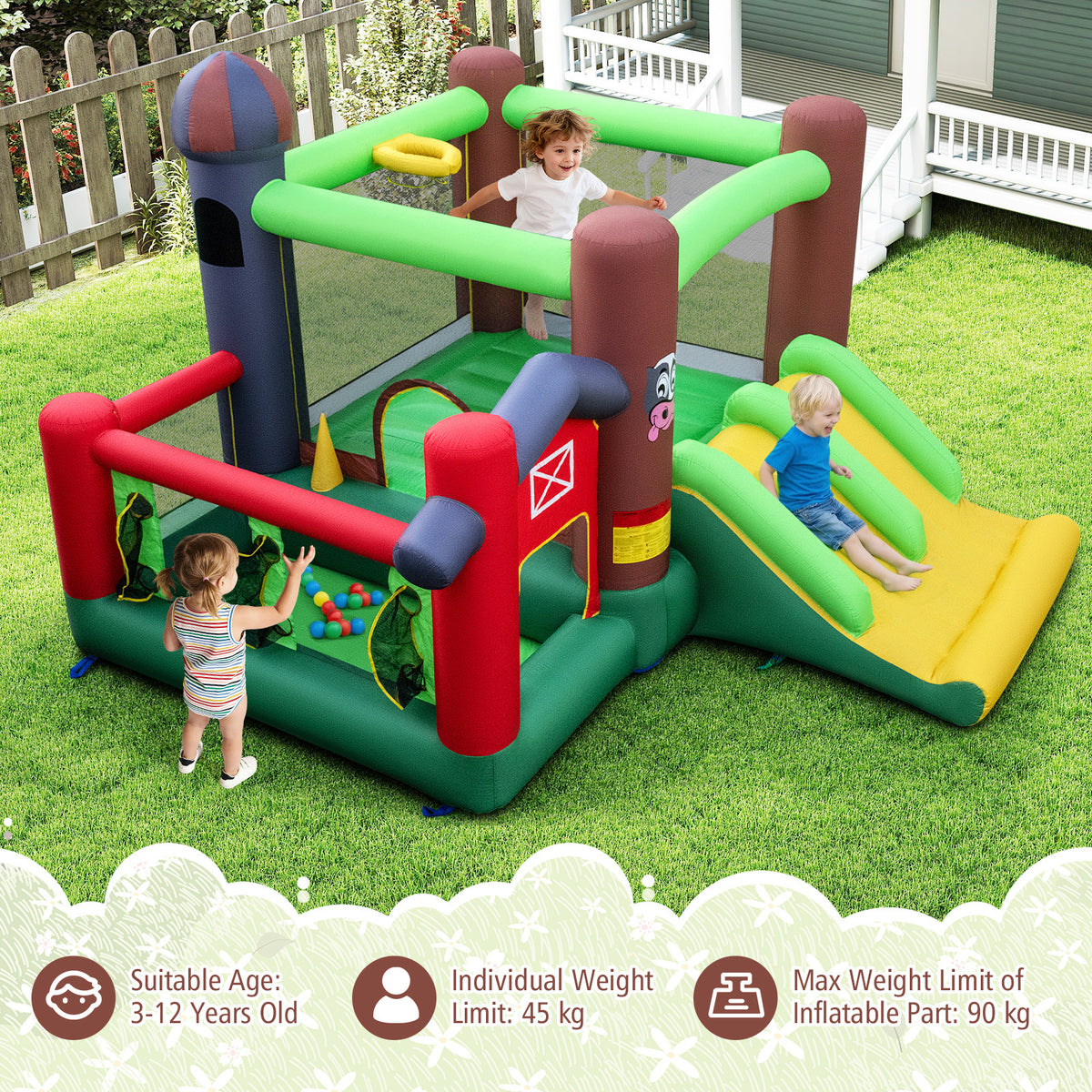 Kids Inflatable Bounce House with Dual Slides and Ball Pit Farm-Themed with 680W Blower