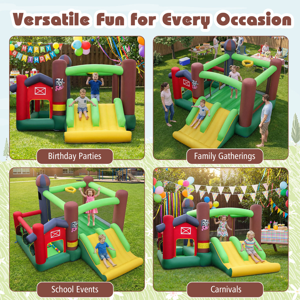 Kids Inflatable Bounce House with Dual Slides and Ball Pit Farm-Themed with 680W Blower