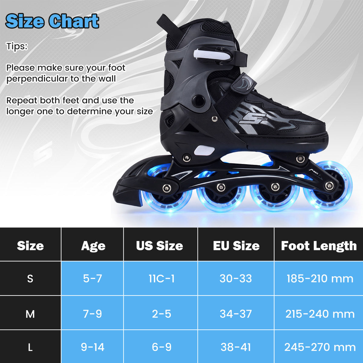 Kids Inline Skates 4 Sizes Adjustable Light-Up Roller Skates for Boys and Girls Ages 7-9-Grey