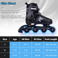 Kids Inline Skates 4 Sizes Adjustable Light-Up Roller Skates for Boys and Girls Ages 7-9-Grey