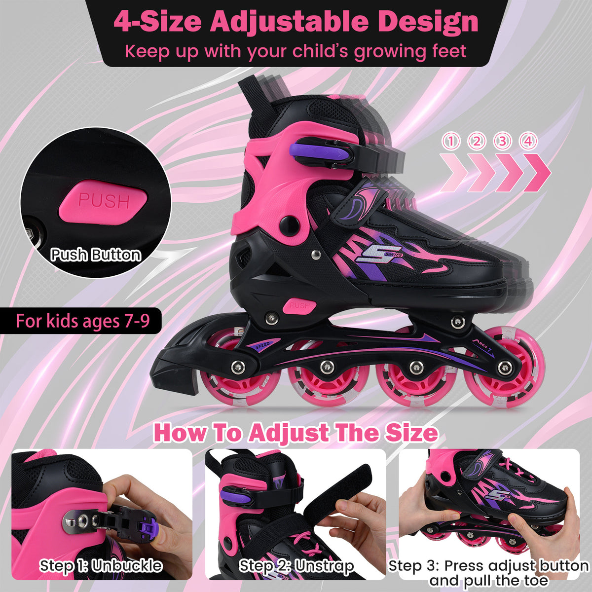 Kids Inline Skates 4 Sizes Adjustable Light-Up Roller Skates for Boys and Girls Ages 7-9-Pink