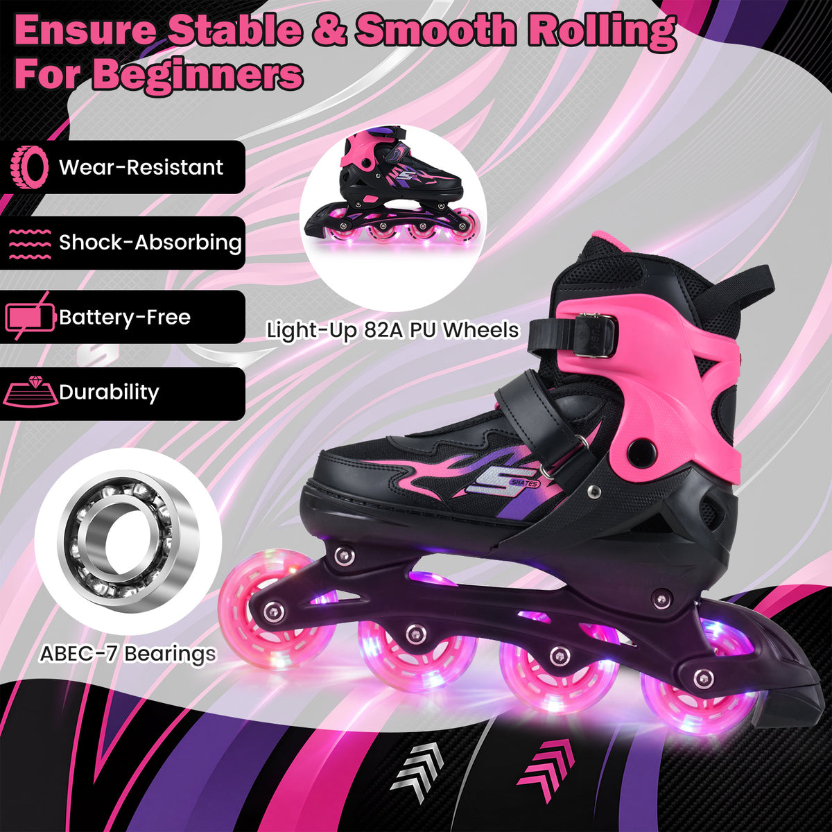 Kids Inline Skates 4 Sizes Adjustable Light-Up Roller Skates for Boys and Girls Ages 7-9-Pink