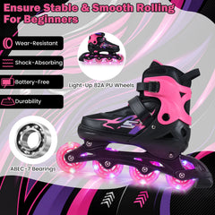 Kids Inline Skates 4 Sizes Adjustable Light-Up Roller Skates for Boys and Girls Ages 7-9-Pink
