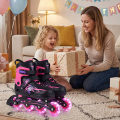 Kids Inline Skates 4 Sizes Adjustable Light-Up Roller Skates for Boys and Girls Ages 7-9-Pink