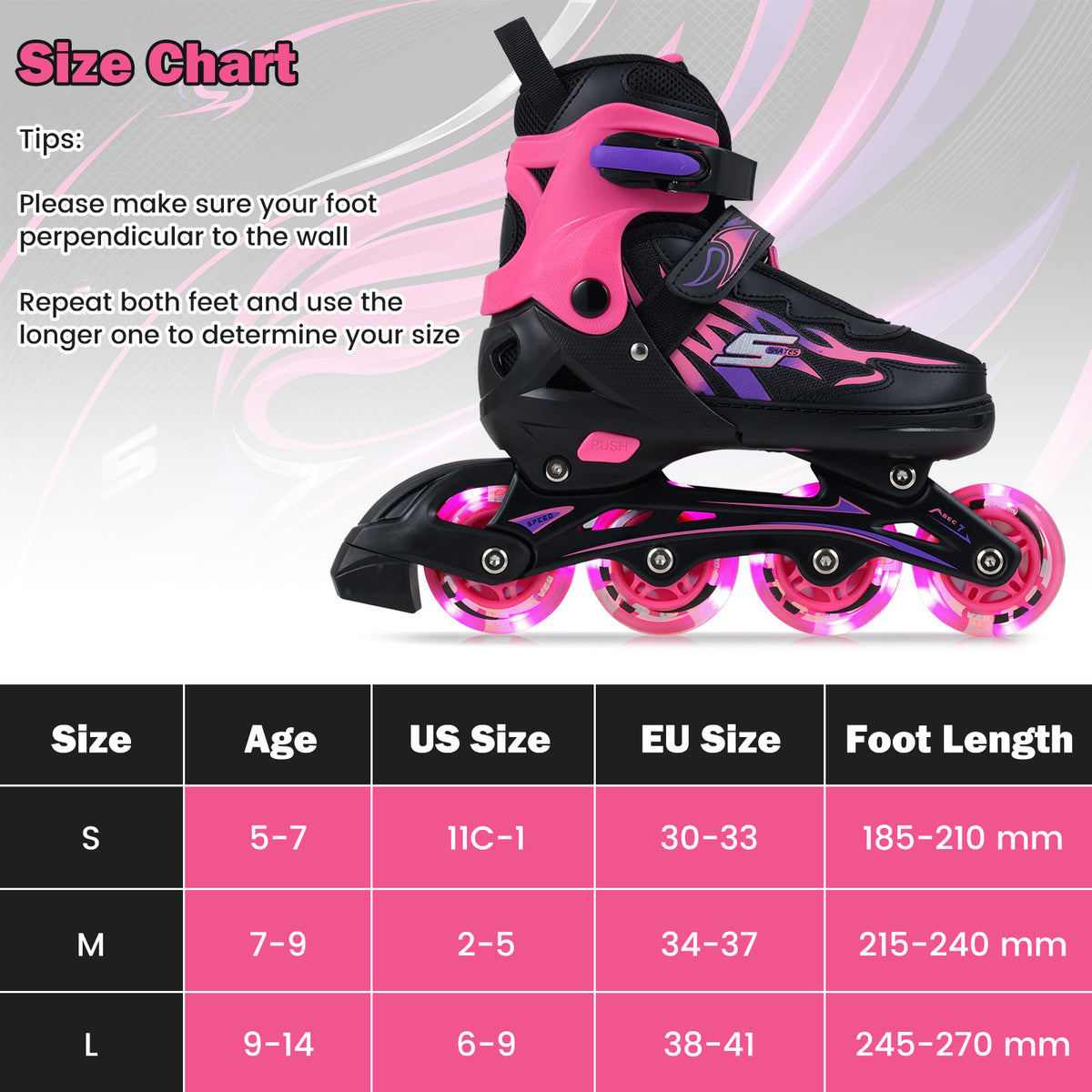 Kids Inline Skates 4 Sizes Adjustable Light-Up Roller Skates for Boys and Girls Ages 7-9-Pink