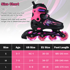 Kids Inline Skates 4 Sizes Adjustable Light-Up Roller Skates for Boys and Girls Ages 7-9-Pink