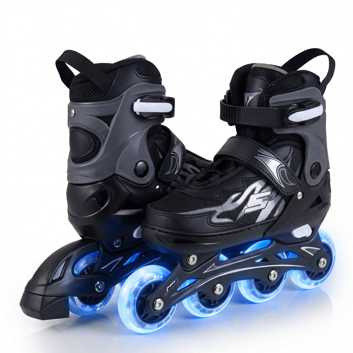 Kids Inline Skates 4 Sizes Adjustable Light-Up Roller Skates for Boys and Girls Ages 9-14-Grey