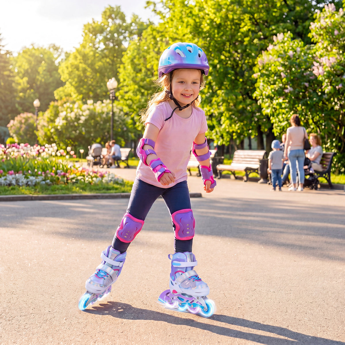 Kids Inline Skates Adjustable length and Illuminating Beginner Skating Shoes with Safety Strap-Blue