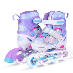 Kids Inline Skates Adjustable length and Illuminating Beginner Skating Shoes with Safety Strap-Blue