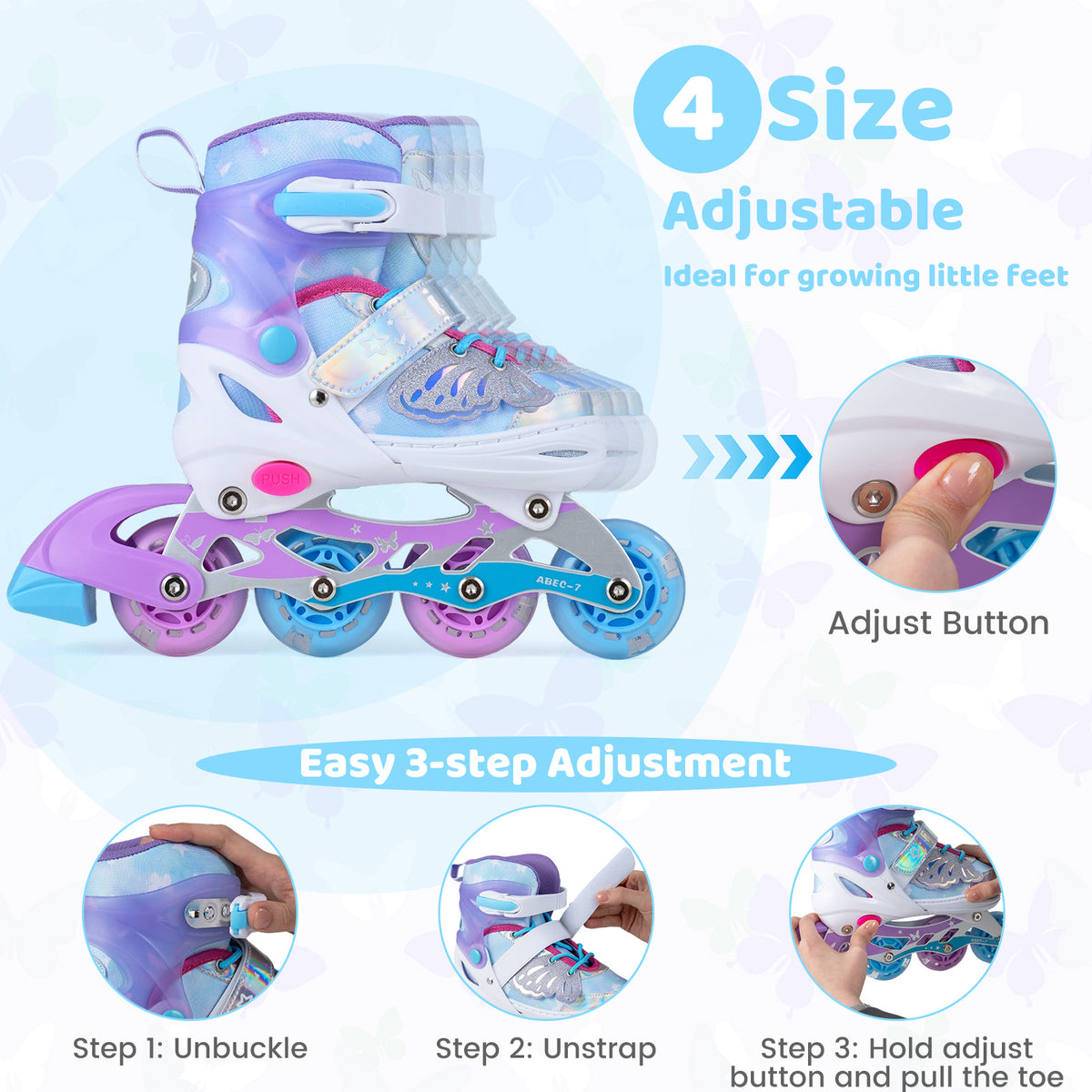 Kids Inline Skates Adjustable length and Illuminating Beginner Skating Shoes with Safety Strap-Blue