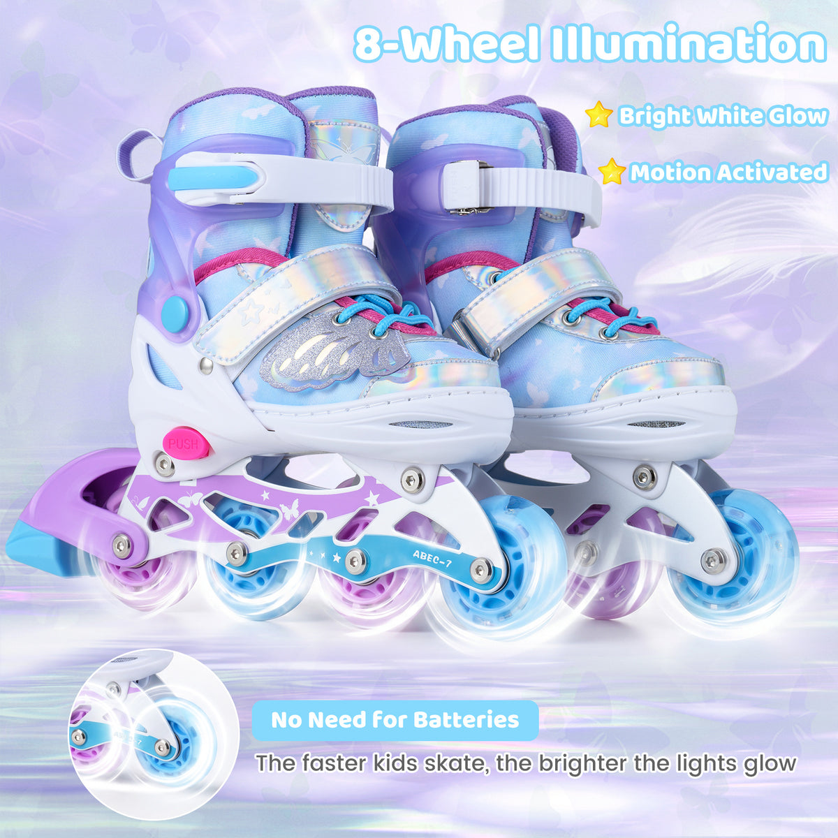 Kids Inline Skates Adjustable length and Illuminating Beginner Skating Shoes with Safety Strap-Blue