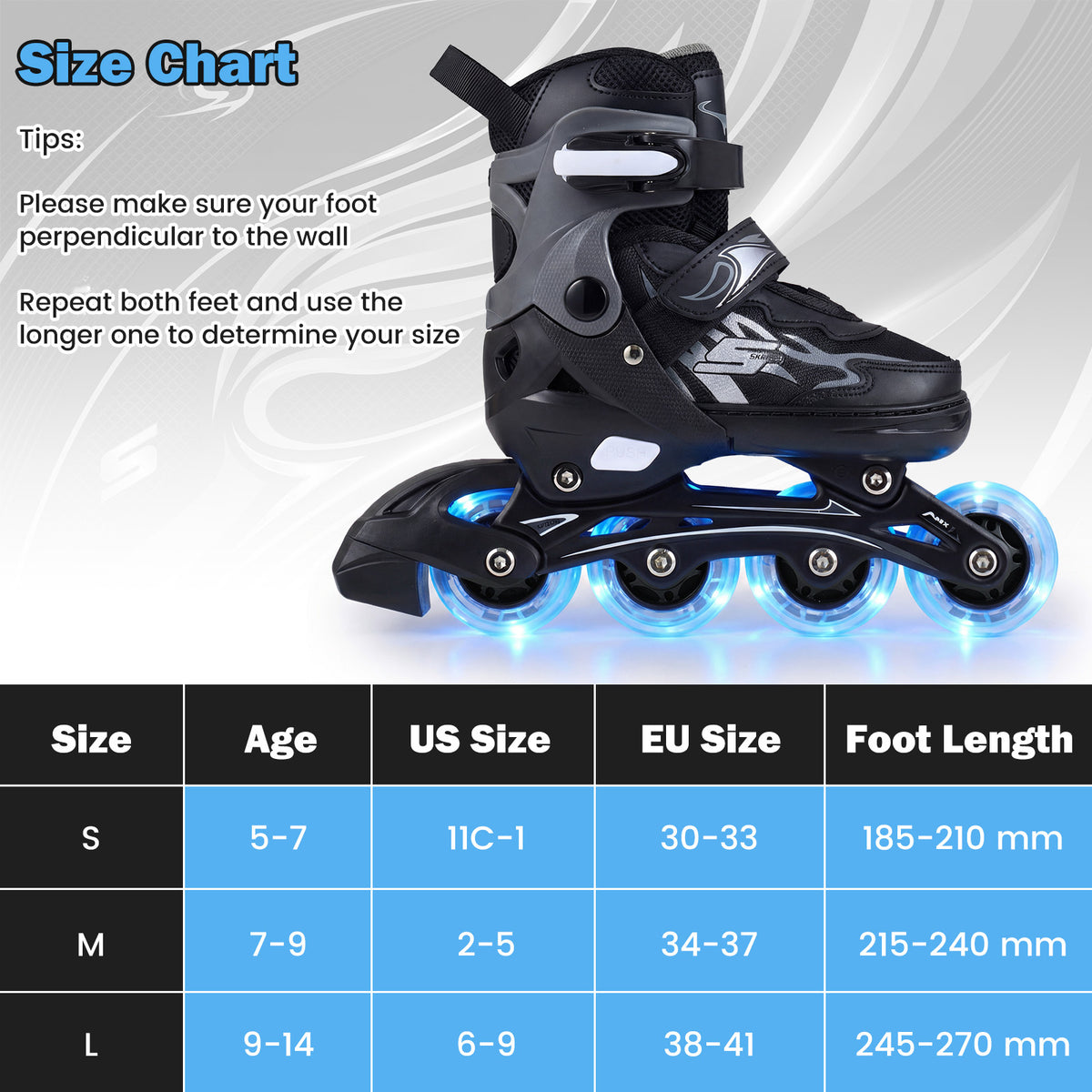 Kids Inline Skates with 4 Illuminated Wheels and Safety Protection for Boys Girls Ages 5-7-Grey