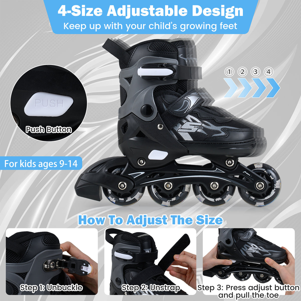 Kids Inline Skates with 4 Illuminated Wheels and Safety Protection for Boys Girls Ages 5-7-Grey