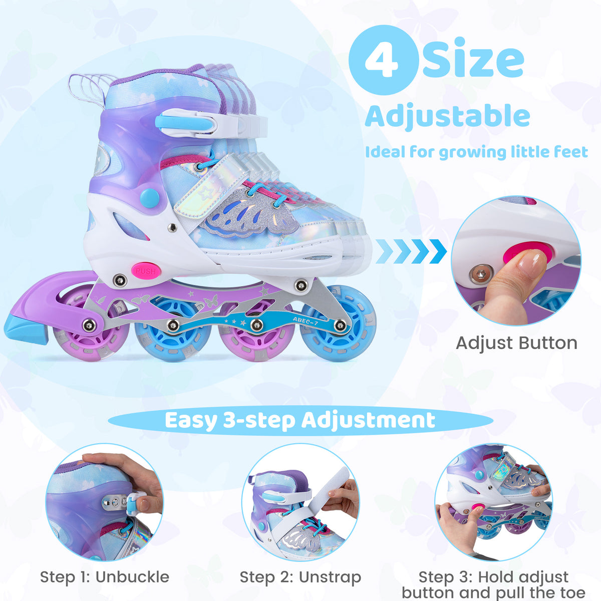 Kids Inline Skates with Full Light Up PU Wheels Adjustable Length for Beginners-Blue