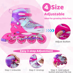 Kids Inline Skates with Full Light Up PU Wheels Adjustable Length for Beginners-Pink