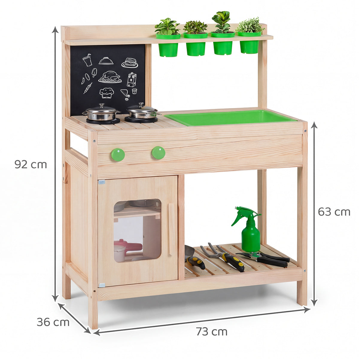 Kids Mud Kitchen Play Pretend Kitchen with Chalkboard Rotation Knobs and Cabinet