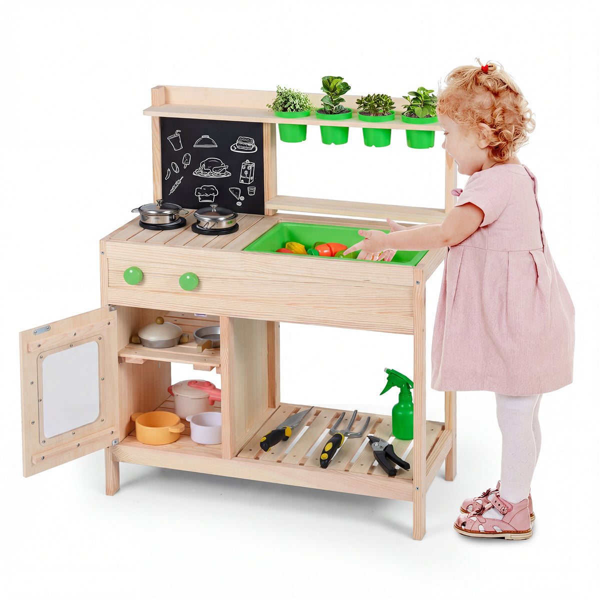 Kids Mud Kitchen Play Pretend Kitchen with Chalkboard Rotation Knobs and Cabinet