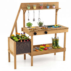 Kids Mud Kitchen with Planter Box and 8 Accessories for Toddlers Aged 3+-Natrual