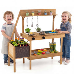Kids Mud Kitchen with Planter Box and 8 Accessories for Toddlers Aged 3+-Natrual