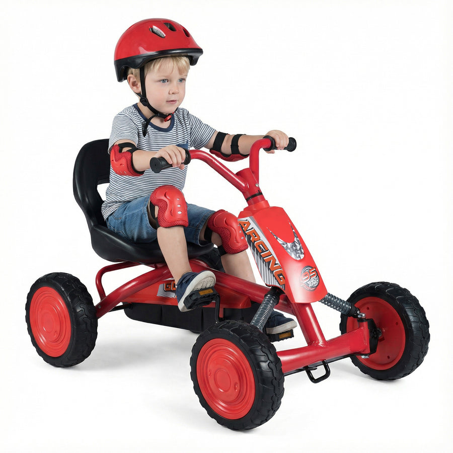 Kids Pedal Go Kart 4 Wheel with 2-Position Seat & Wear-Resistant Wheels-Red