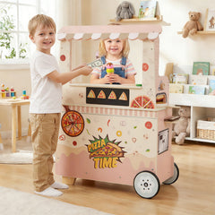 Kids Pizza Food Truck Wooden Pretend Play Snack Cart with Oven-Pink