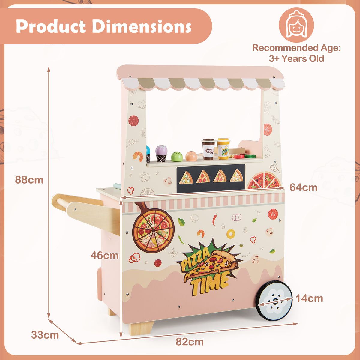Kids Pizza Food Truck Wooden Pretend Play Snack Cart with Oven-Pink