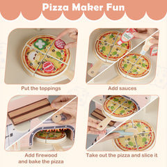 Kids Pizza Food Truck Wooden Pretend Play Snack Cart with Oven-Pink