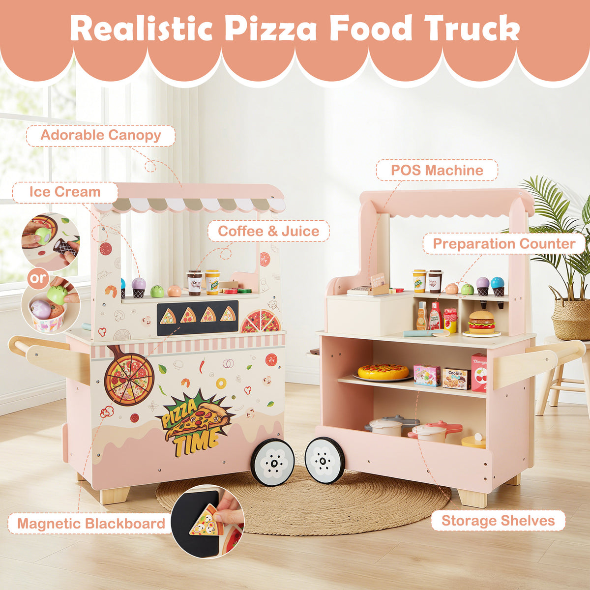 Kids Pizza Food Truck Wooden Pretend Play Snack Cart with Oven-Pink