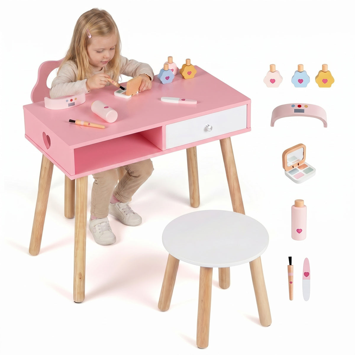 Kids Pretend Nail Salon Playset with Chair and Stool Wooden Toddlers Makeup and Manicure Kit-Pink