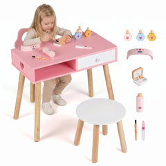 Kids Pretend Nail Salon Playset with Chair and Stool Wooden Toddlers Makeup and Manicure Kit-Pink