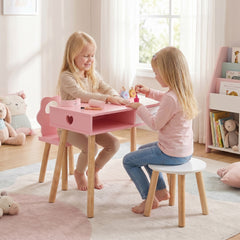 Kids Pretend Nail Salon Playset with Chair and Stool Wooden Toddlers Makeup and Manicure Kit-Pink