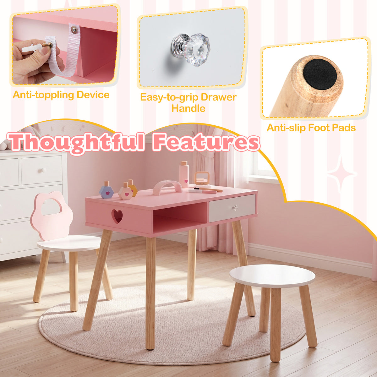 Kids Pretend Nail Salon Playset with Chair and Stool Wooden Toddlers Makeup and Manicure Kit-Pink