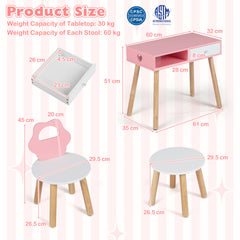 Kids Pretend Nail Salon Playset with Chair and Stool Wooden Toddlers Makeup and Manicure Kit-Pink