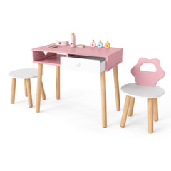 Kids Pretend Nail Salon Playset with Chair and Stool Wooden Toddlers Makeup and Manicure Kit-Pink